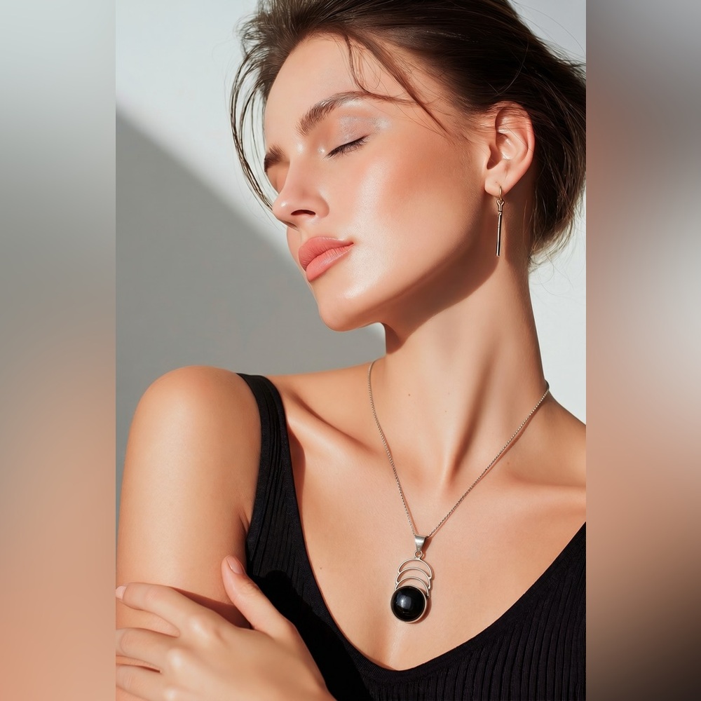 Modernist TAXCO Mexican 925 Silver Black Onyx Crescent Moon Layered Pendant 2.5”